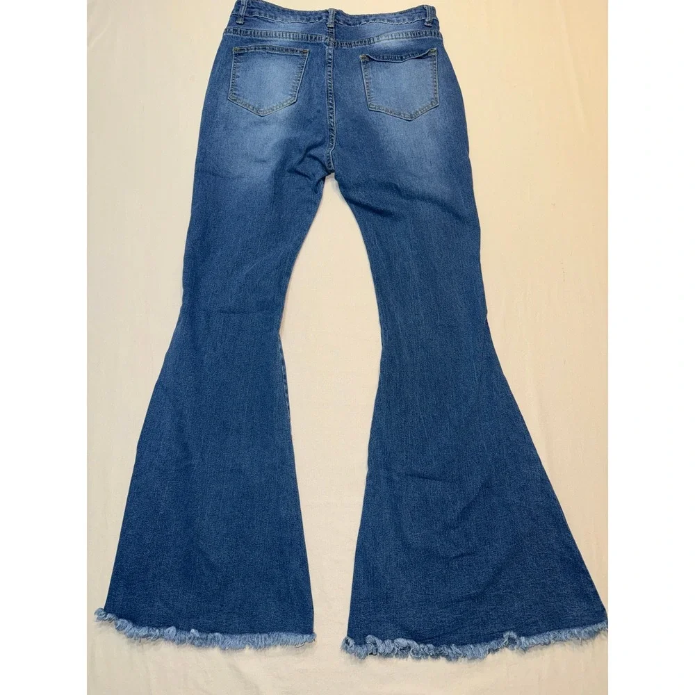 Unbranded Distressed‎ High Rise Flare Jeans Medium Wash Frayed Hem Size L